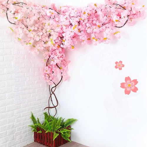 HJDSUDU Árbol de Cerezo Artificial Rosa, árbol de Cerezo Artificial para decoración de Pared, Planta Artificial Realista Hecha a Mano, con 24 Flores de Cerezo y Enredaderas muertas,13 pies