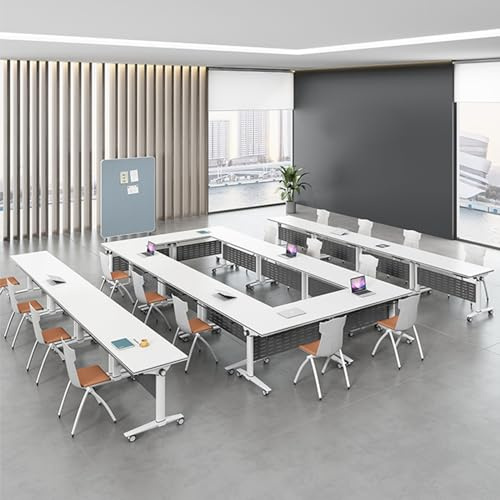 Moderner weißer runder Eck-Bürokonferenztisch mit robusten Metallbeinen und leisen Rädern, tragbarer, klappbarer Besprechungstisch für Büro und Trainingsräume.