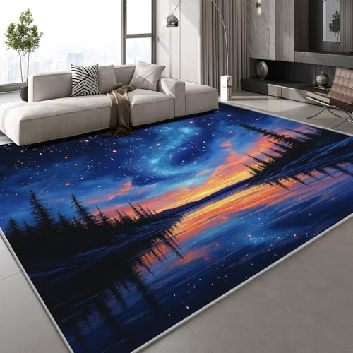 Generisch Sternenhimmel Polarlicht Teppich Kinderteppich Modern 3D Wald Fluss Teppich Kinderzimmer Kurzflor Teppiche rutschfeste Spielteppiche für Schlafzimmer Wohnzimmer Zimmer 180x240 cm