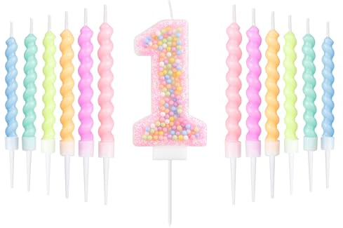 mciskin Macaron 1st Birthday Candle Set, Girls First Birthday Decorations,12pcs Pastel Spiral & Number 1 Candles for Cake,Rainbow Cake Topper for Macaron Themed Party Decoration,Baby Showers Supplies