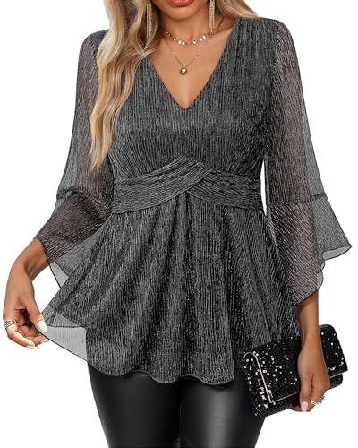 VALOLIA Sparkly Tops for Women: Plus Size V Neck Shiny Glitter Sequin Dressy Blouses - Women's Cocktail Tops - Wrap Blouse for Women Long Sleeve Double Layer Elegant Wedding Guest Outfit Black Silver