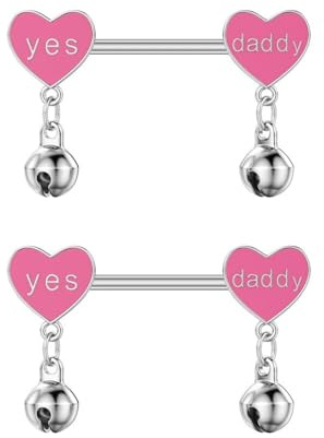Zynova 14G Pink Heart Jingle Bell Dangle Nipple Rings 316L Surgical Steel Love Heart Yes Daddy Letter Nipple Barbell Studs Nipplerings Sexy Nipple Piercing Jewelry for Women