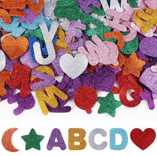 Teouuas 203 Stück Moosgummi Buchstaben Selbstklebend, Schaumstoff Buchstaben Aufkleber Kinder Bunt, Glitter Alphabet Klebebuchstaben Groß, für Schultüte, Scrapbooking, DIY, Schulprojekte, Lernspiele