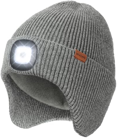 Wmcaps Mütze mit LED Licht und Ohrenklappen, gefüttert, Type-C, Geschenk | Warme Wintermütze mit LED Stirnlampe, wiederaufladbar, Innenfutter – ideal für Gassi, Angeln und Jagd, für Damen und Herren.