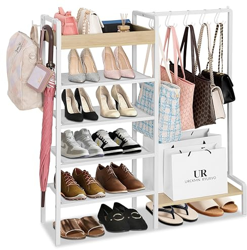 NauwaBarn 2-in-1 White Shoe Rack for Closet with Purse Organizer, 5-Tier
