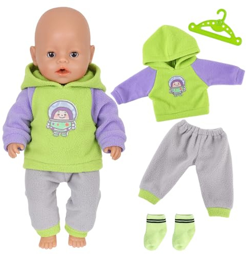 4 Stück Kleidung Outfits 14-18 Zoll Baby Puppen, Neue Grün 30-43cm Baby Puppenkleidung Outfits Zubehör 1 Kapuzenpullover mit Aufgedrucktem Muster 1 Hose 1 Socken 1 Kleiderbügel Geburtstagsgeschenk