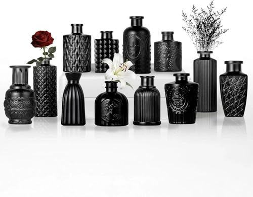 12 stycken, små glasvaser, vintagestil med strukturellt mönster, för blommor och heminredning (mattsvart, 12 st)