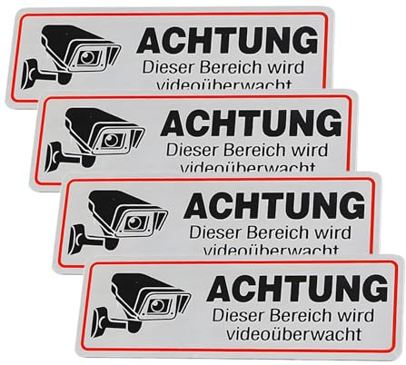 4 cartelli di videosorveglianza, per videosorveglianza, 12 x 4 cm, in alluminio, per sorveglianza della fotocamera, per interni ed esterni