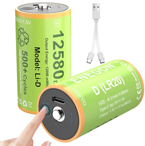 ENEGON Lot de 2 piles rechargeables D LR20 1,5 V au lithium, USB-C charge directe (5 V/1 A), 12580 mWh, avec indicateur de charge tactile, avec câble de charge USB-C 1 à 2 - Pour lampes de camping