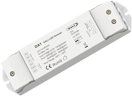 DALI LED Dimmer 1 Canale, Controllo Bus + Push Pulsante NO, Tensione Costante 12-48V DC, Max 15A, per Striscia LED Monocolore, Funzione On Off e Regolazione 0-100%, PWM Selezionabile