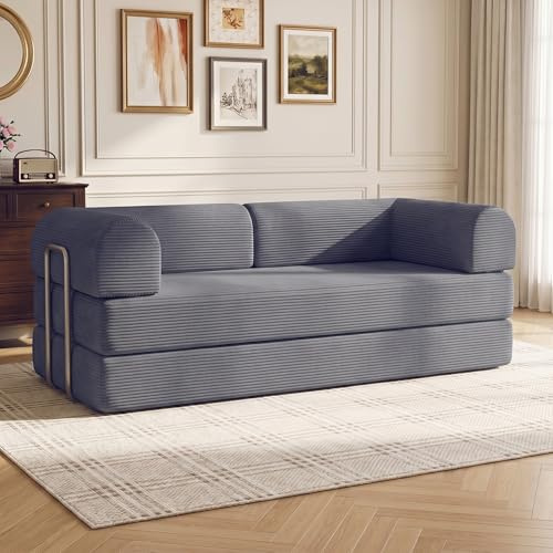 GRAVFORCE Schlafsofa – faltbares Bodensofa Bed mit Metallrahmen - Schlafsofa Klappbar 178cm breit - Compressed Sofa ohne Beine modulares Sofa Cord für Wohnzimmer Schlafzimmer Grau