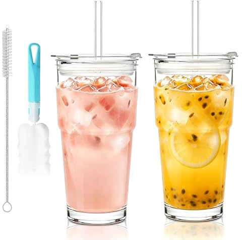 OUTALIZ Set di 2 Bicchieri in Vetro con Coperchio E Cannuccia, Classici, 600 Ml, per Tè Matcha, a Prova di Perdite, con Pennello per La Pulizia, per Bevande Fredde, Acqua