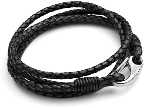 Men's Leather Bracelet, XXL, Black, Braided Double Wrap Bracelet with Stainless Steel Shrimp Clasp, 23cm XXL Size for Men by Tribal Steel