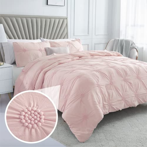 Swift Home Twin/Twin XL Baby Pink Rose Blush Comforter Set - Ruched 3D Floral Pintuck Bedding Set - 2 Pieces Bed Linen, 1 Comforter and 1 Pillow Sham
