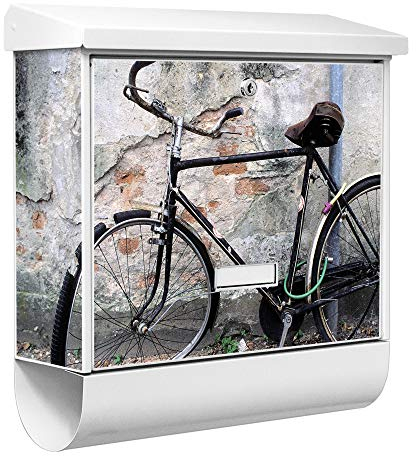 banjado® Burgwächter Briefkasten Weiß 38x39x12cm mit Motiv Nostalgie Rad/Briefkasten mit Zeitungsfach/Briefkasten mit Zeitungsrolle/Postkasten inkl. Montagematerial & 2 Schlüsseln