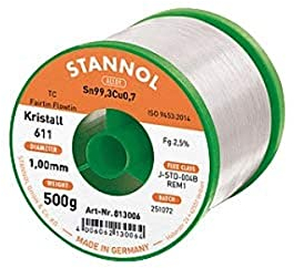 Stannol 813009 Lötdraht Kristall 611 2,5prozent 0,7mm FLOWTIN TSC305 (Sn96,Ag3Cu0,5) Fairtin 100g Spule, 0,7mm x 100g