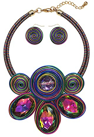 JHWZAIY Chunky African Statement Necklace For Women Tribal Fashion Costume Jewelry Earring Sets Unique Colorful Big Rhinestone Crystal Pendent Collar Choker Bib Handmade (01)