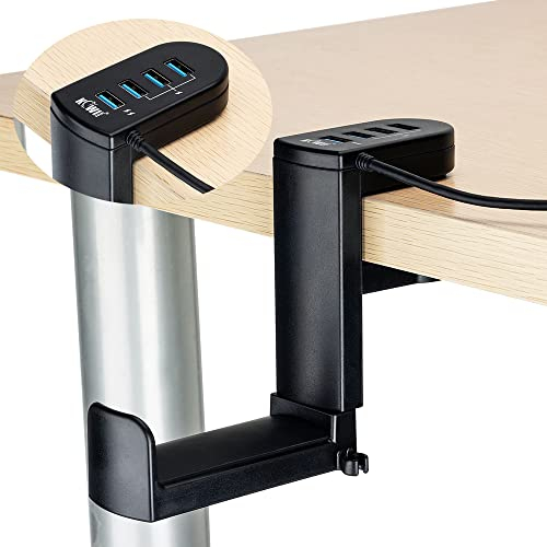 KIWIFOTOS Support de casque pivotant à 360° + pince à ressort réglable, support de casque de jeu de bureau avec crochet de fixation – avec USB 3.0 x1 + USB 2.0 x3