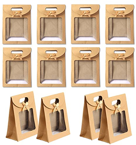 Zasiene Papiertüten Geschenktüten 12 Stück Braune Papiertüten Geschenktüte mit Griff Geschenktüte mit Fenste Geschenktüten Papiertüte Brown Kraftpapier für Partyverpackungen Geschenke Bonbons Kekse