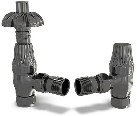 UK Radiators Black Nickel Thermostatic Radiator Valve and Angled Lockshield Valve - Polished Black Nickel Finish - Traditional Design 1/2 x 15mm Metal Head Radiator Valve