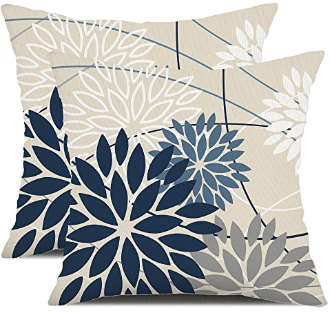 Blue and Gray Floral Pillow Covers 18x18 Set of 2 Outdoor Waterproof White Colored Decorative Throw Pillows Summer Pillowcase Polyester Cushion Case Decor for Couch Patio Funiture Garden Porch 01B18