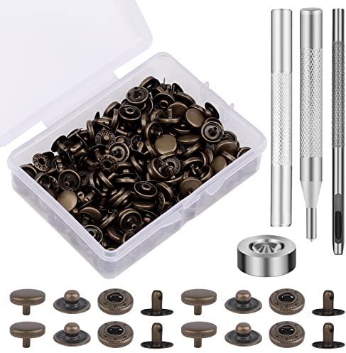 SUVSOON Kit di 50 bottoni a pressione in pelle, kit di bottoni a pressione in metallo da 10 mm con 4 strumenti di installazione a scatto, rivetti in pelle per cucito, abbigliamento, borse, jeans, fai
