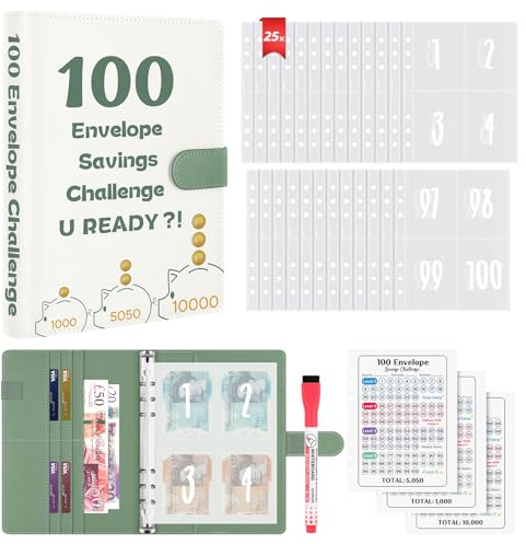 WenmthG 100 Envelopes Saving Challenge, A5 Money Saving Wallet with Cash Envelopes & Pen, Budget Planner Binder Savings Book with 3 Resuable Cash Stuffing Challenge Cards to Save £5050, £1000, £10000