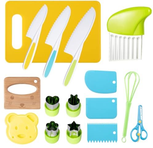 Kindermesser 16-teiliges Kinderküchenmesserset zum Schneiden und Kochen von Obst oder Gemüse für Kleinkinder Inklusive Holzmesser-Schneideblock