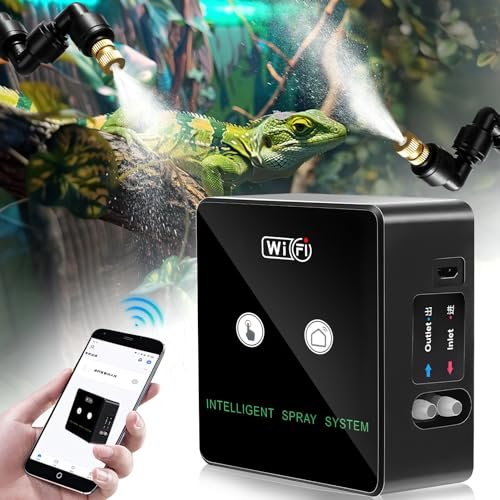 Lieberwell Terrarium-Befeuchter, Intelligentes Reptilien Benebelungssystem mit 360° Verstellbaren Sprühdüsen, Timer und Handy-Fernbedienung, Automatischer Betrieb, Transparent, Messing