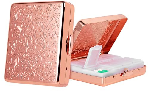 Tablettenbox 7 Tage 8 Fächer, Reise Metall Pillenbox.BPA-freier Tragbarer Pillenbox für Medikamenten (Rosa, Mittel)