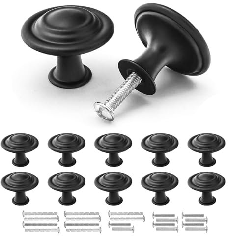 Misuyue Bouton de Meuble Noir, Poignée Meuble Vintage Noir Mat, 10 Pièces Boutons de Tiroir en Alliage de Zinc, 30mm Boutons de Portes pour Placards Commode Armoire, avec Vis Assorties