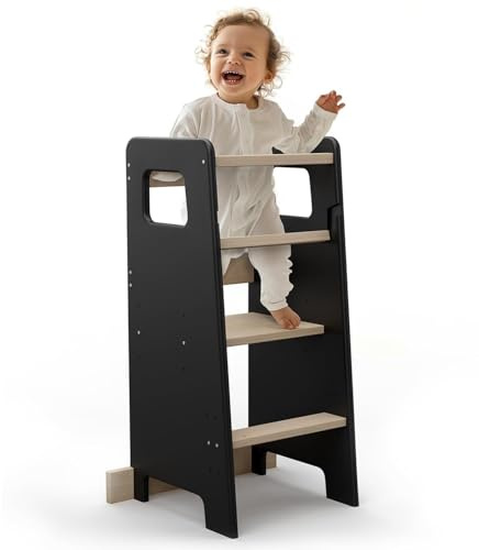 MENGDA Montessori Lernturm aus Holz – Lernturm für Kinder – Rutschhemmende Füße Montessori-Methode (Schwarz, 90 x 42 x 40 cm)