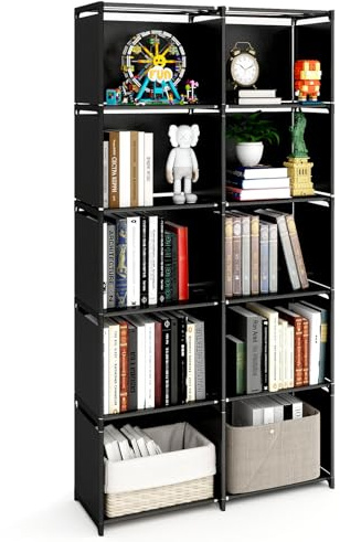 Youyijia Book Shelf, 5-Tiers Bookcase with Fabric Cloth at Back, 10 Cube Storage Unit, Double Row Modular Bookshelf Organiser, Living Room, Bedroom, Black