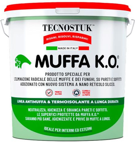 Tecnostuk Muffa K.O. Fondo Antimuffa Igienizzante Traspirante Sbiancante per Pareti e Soffitti Ecologico Pronto all'Uso Applicazione Facile Ambienti Interni ed Esterni Made in Italy - Barattolo da 1L