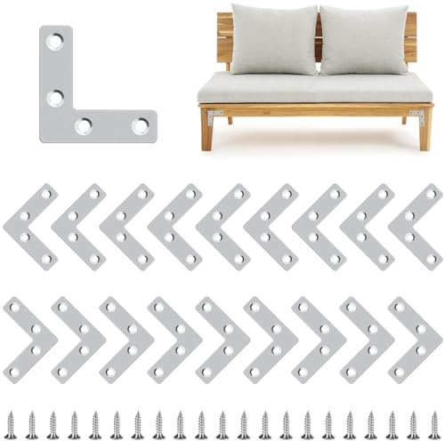 BGOBTY Escuadras de Angulo,20 unidades Conector Plano en Forma de L a 90°,Soportes de Ángulo Plano con tornillos,Escuadra Plana en L,para armarios de madera,mesas,sillas. (50 * 50 mm)