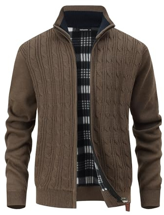 CoXuantion Herren Rippenstrick Strickjacke Stehkragen Fleecejacke Winter Warm Strickjacke Langarm Strickpullover Cardigan Full Zip Grobstrickjacke mit Taschen XL,Kaffee