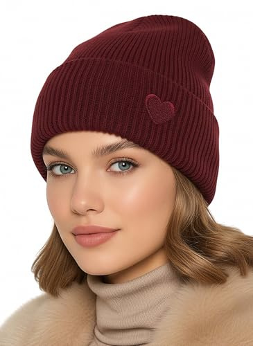 Baesics Wintermütze mit Herz Damen Herren Unisex, weiche kuschelige | Strickmütze Beanie, elastisch und warm, One Size für Herbst und Winter, Alltag und Outdoor, Geschenk Frauen Männer