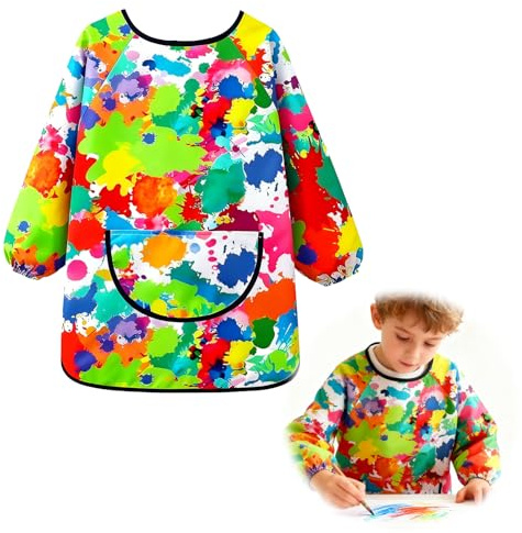 Sariputa Delantal niño impermeable 7-12 años, babi escolar infantil con mangas largas y bolsillo, bata escolar niña para pintura y manualidades, longitud 71 cm