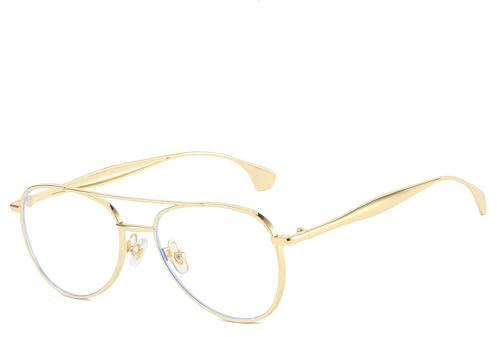 LJCZKA Lunette Anti Lumiere Bleue Pilote pour Femme Homme, Pilote Lunettes à Filtre de Lumière Bleue Métall Monture pour Ordinateur, Jeux et TV (Or)
