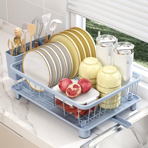 Nfnoyp Dish Drainer Rack - Space-Saving Dish Rack,Dish Racks for Kitchen Counter with Drip Tray,Multi-Functional Dish Drying Rack with Utensil Holder,Blue