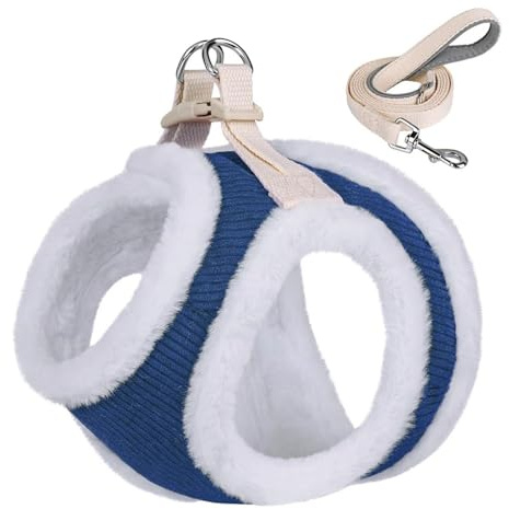 Winter Warm Verstellbares Hundegeschirr Leine Set Weiches Fell Welpengeschirr Für Möpse Shiba Inus Chihuahuas Schnauzer,Blau,Xs