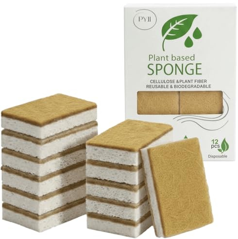 PYJI Washing Up Sponges 12 Pack, Eco Kitchen Sponge, Non Scratch Scourers, Compostable & Plastic Free, Cellulose Dish Sponge, Biodegradable Household Cleaning Pads
