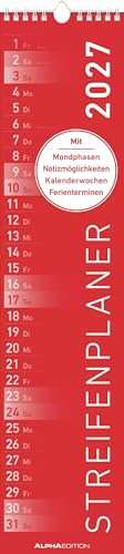 Streifenplaner ROT 2027: schmaler Wandkalender 11,3x49,5 cm mit farblich markierten Wochenenden, Feiertagen & Mondphasen, ideal für Haushalt, Familie & Büro