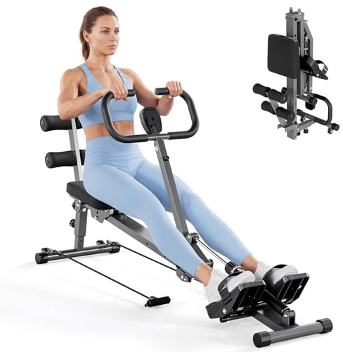 TOTEBOX Hydraulic Rowing Machine for Indoor Home Gym Use, Foldable Adjustable Rower Machine with 12 Level Resistances and Wheels, Anti-slip U-shaped Handle, LCD Monitor, 2 Resistance Bands