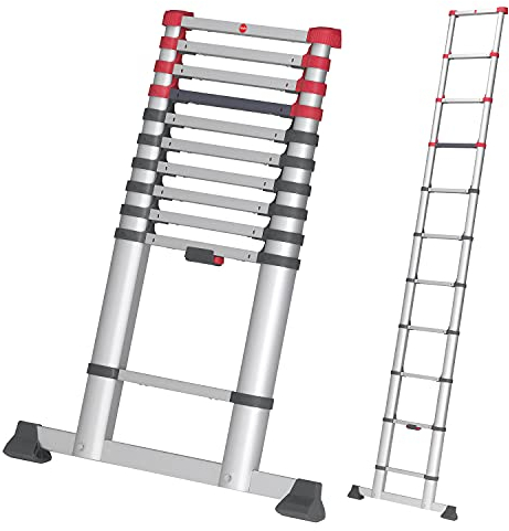 Hailo T80 FlexLine Alu Sicherheits-Teleskopleiter - ausziehbare Anlegeleiter mit 11 Sprossen - Arbeitshöhe bis 397 cm - Gewicht 10,7 kg - Silber