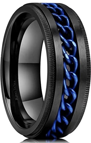 King Will Bague Homme en Acier Inoxydable 316L 8 mm – Anneau Tournant Noir avec Chaîne Bleue, Durable, Comfort Fit, Bague Anti-Stress pour Homme et Femme 67.2 (21.4)
