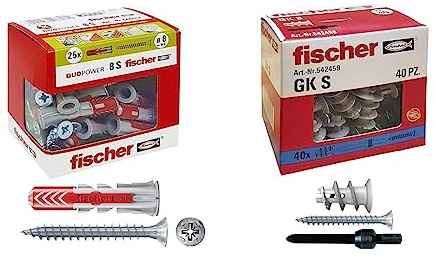 Fischer 542459 40 Tasselli GK con Vite specifici per Cartongesso, Include Accessorio di Montaggio, Grigio, Set di 40 Pezzi & 25 Tasselli Duopower con Vite, 8 x 40 mm, per Muro pieno, Mattone Forato