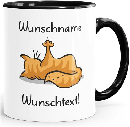 MoonWorks® Kaffee-Tasse mit Namen Wunschtext Katze Mittelfinger F~ck Dich Kein Bock Bürotasse lustige Kaffeebecher Weiss-innen-schwarz Keramik-Tasse