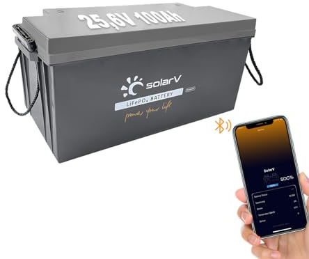 SolarV LiFePO4 25V 100Ah batteri med 100 A BMS och Bluetooth för solanläggning, husbil, båt, hem, camping, 10 års livslängd, perfekt ersättning för bly-syra-AGM-batterier