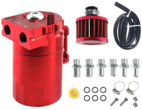 AOCISKA Aluminum Oil Catch Can,Baffled Oil Catch Can Kit,300ml Oil Reservoir Tank,Oil Separator Catch Can with Hose Kit,Universal Oil Catch Can Tank Polish Baffled Reservoir (Red)